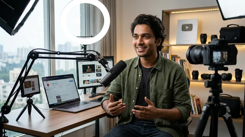 Creator recording with a studio microphone
